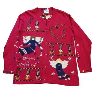 Vintage Quacker Factory Cardigan Sweater Women's Medium Red Angel Christmas